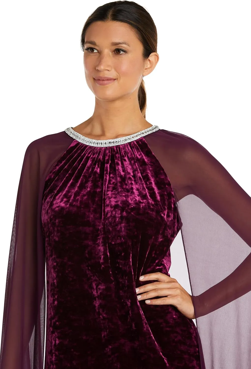 R&M Richards Womens Long Velvet Gown W/Chiffon Cape Gown