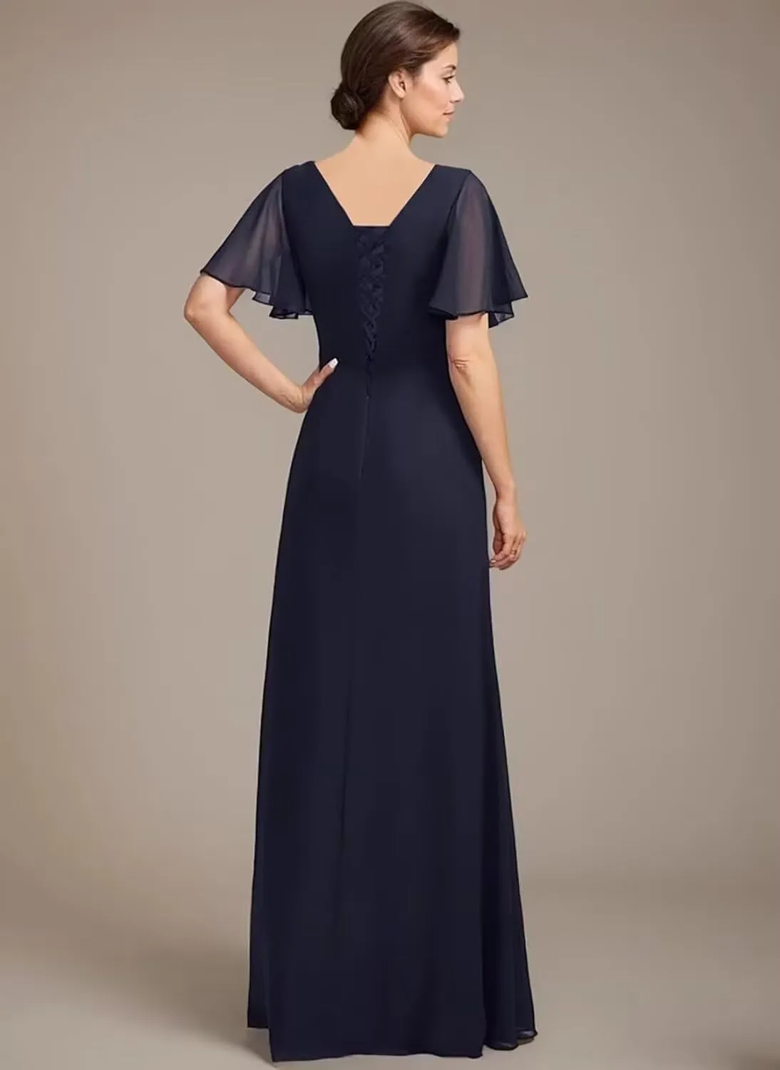 Raseal Chiffon Mother of The Bride Dresses Flutter Short Sleeves Long Ruched Applique Wedding Guest Dress RS148