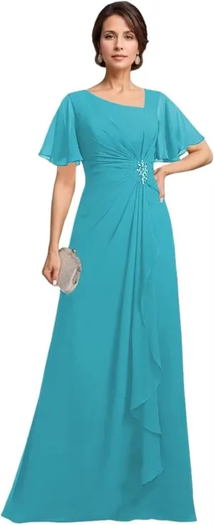 Raseal Chiffon Mother of The Bride Dresses Flutter Short Sleeves Long Ruched Applique Wedding Guest Dress RS148