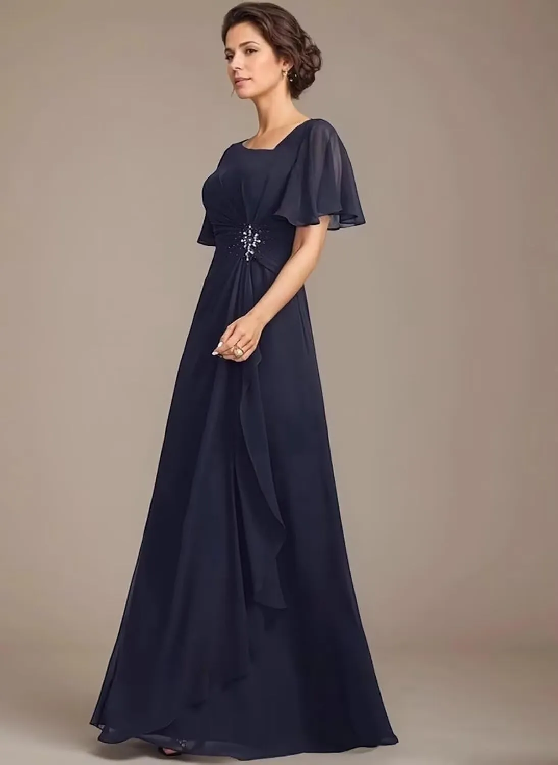 Raseal Chiffon Mother of The Bride Dresses Flutter Short Sleeves Long Ruched Applique Wedding Guest Dress RS148