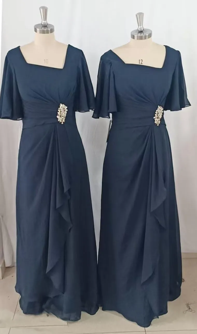 Raseal Chiffon Mother of The Bride Dresses Flutter Short Sleeves Long Ruched Applique Wedding Guest Dress RS148