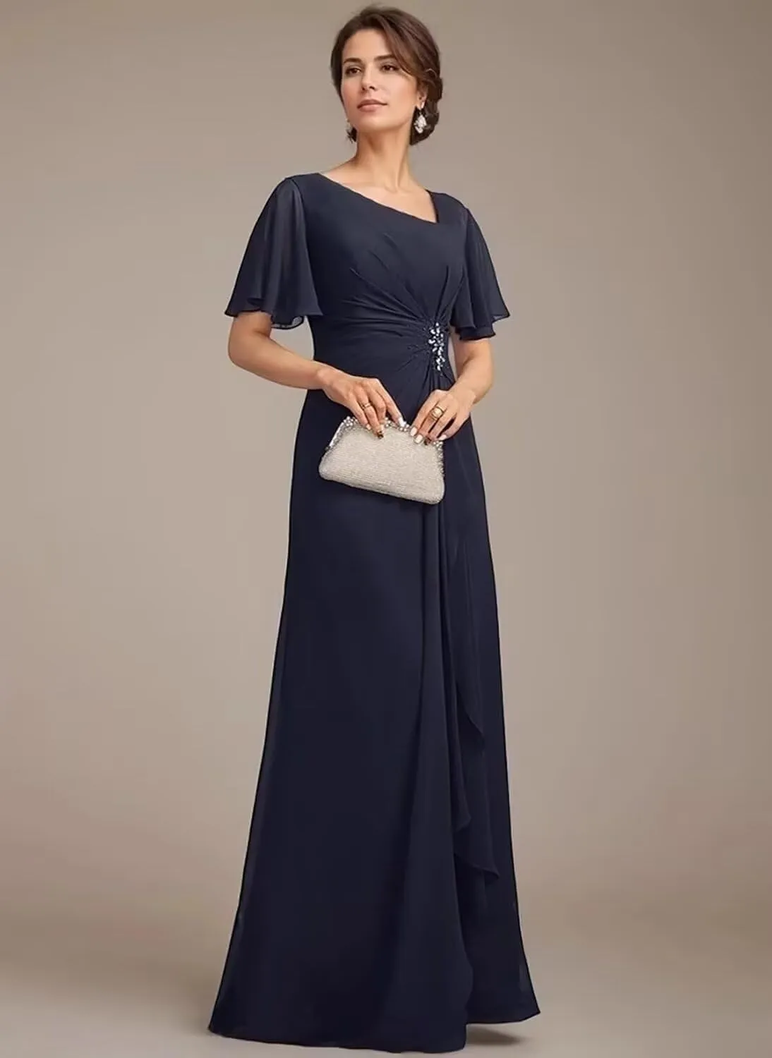 Raseal Chiffon Mother of The Bride Dresses Flutter Short Sleeves Long Ruched Applique Wedding Guest Dress RS148