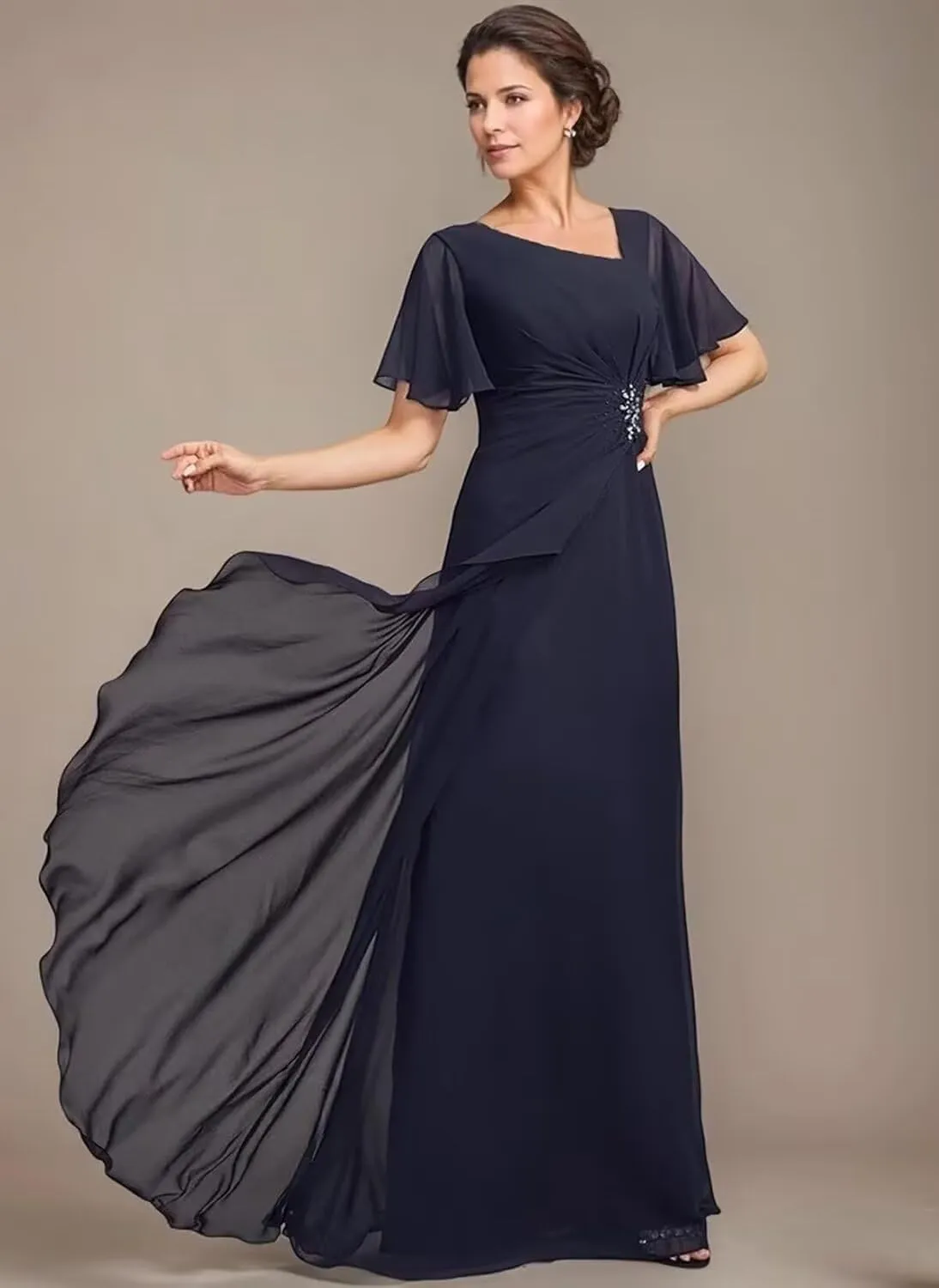 Raseal Chiffon Mother of The Bride Dresses Flutter Short Sleeves Long Ruched Applique Wedding Guest Dress RS148