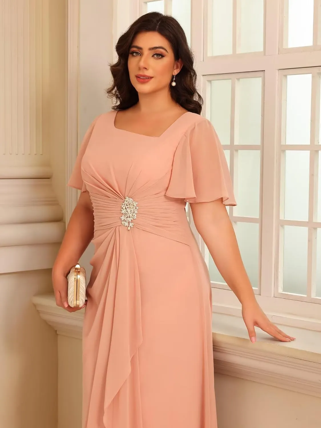 Raseal Chiffon Mother of The Bride Dresses Flutter Short Sleeves Long Ruched Applique Wedding Guest Dress RS148