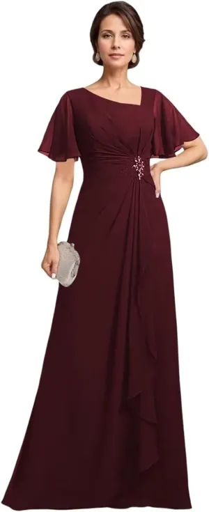 Raseal Chiffon Mother of The Bride Dresses Flutter Short Sleeves Long Ruched Applique Wedding Guest Dress RS148