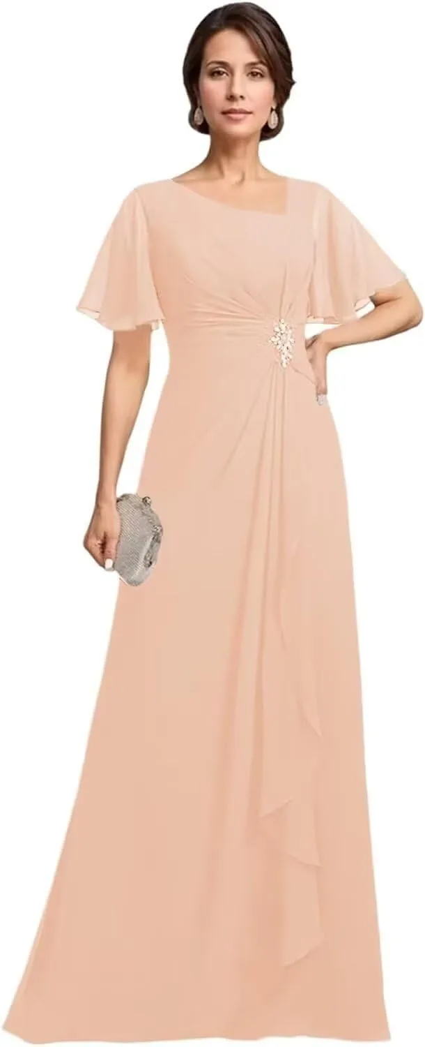 Raseal Chiffon Mother of The Bride Dresses Flutter Short Sleeves Long Ruched Applique Wedding Guest Dress RS148