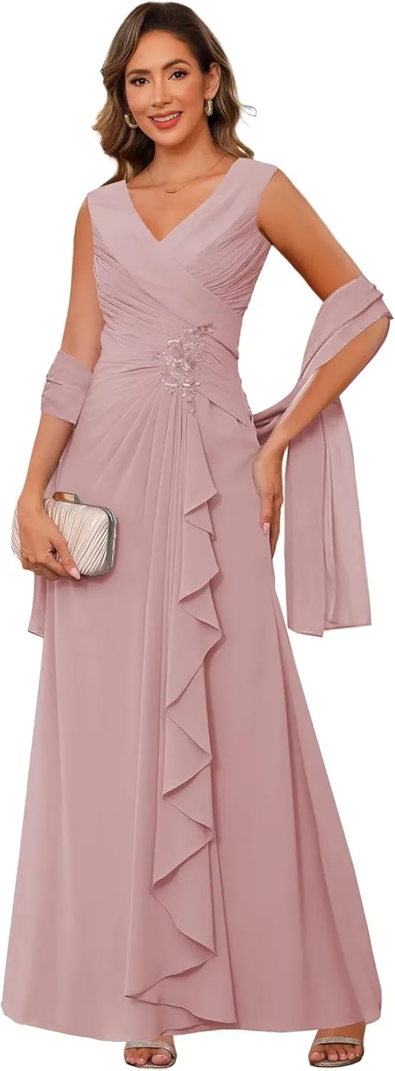 Raseal Chiffon Mother of The Bride Dresses for Wedding Sleeveless Long Ruched Applique Formal Dress RS163