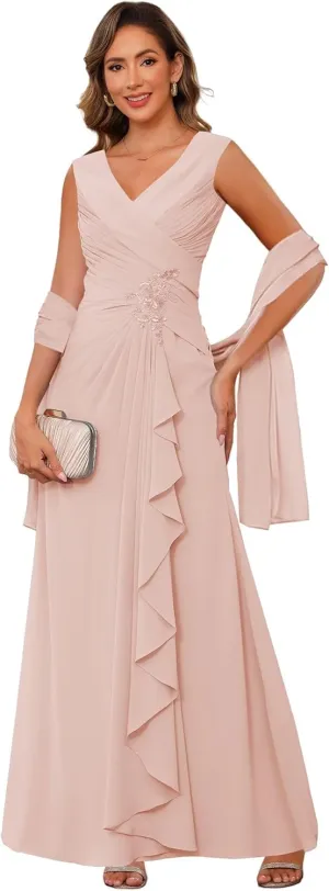 Raseal Chiffon Mother of The Bride Dresses for Wedding Sleeveless Long Ruched Applique Formal Dress RS163