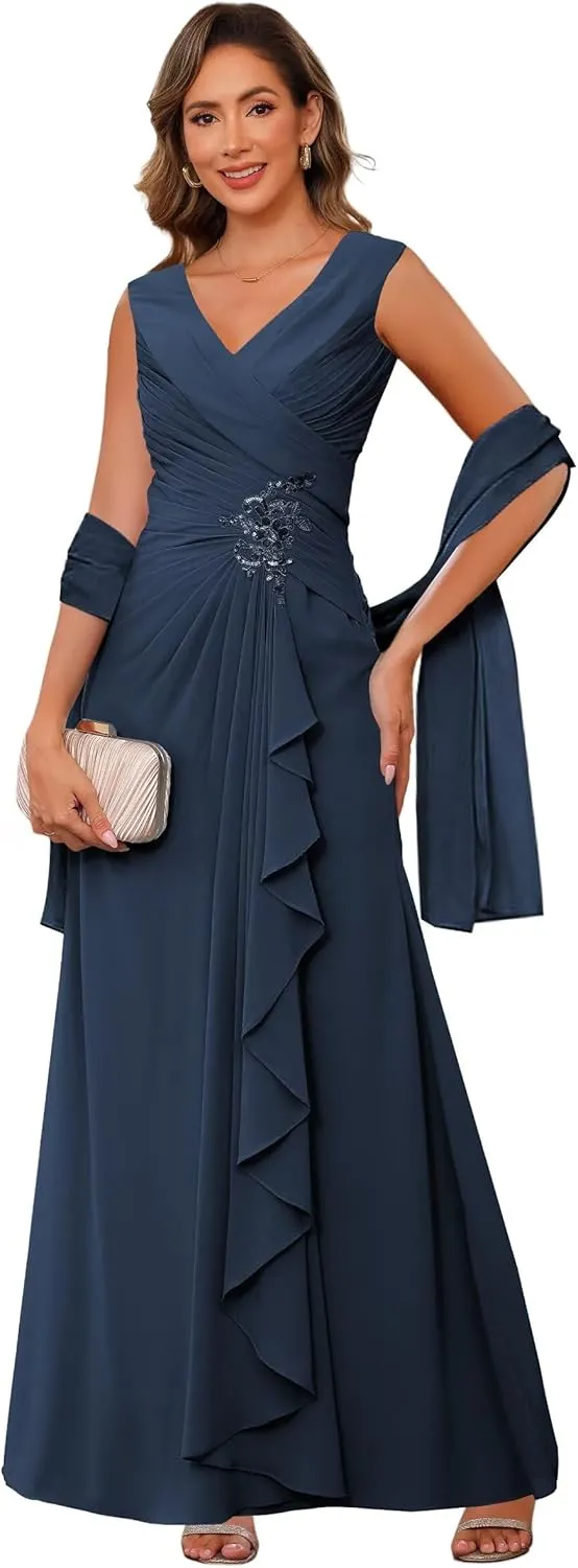 Raseal Chiffon Mother of The Bride Dresses for Wedding Sleeveless Long Ruched Applique Formal Dress RS163