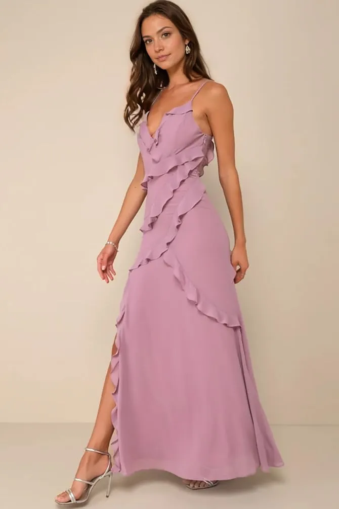 Ruffle Prom Dress with Slit V Neck Tea Party Dresses for Women Elegant Classy Spaghetti Strap Evening Gown