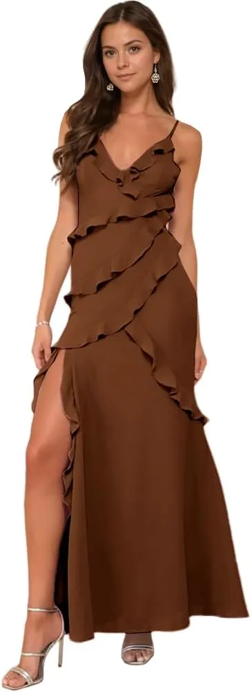 Ruffle Prom Dress with Slit V Neck Tea Party Dresses for Women Elegant Classy Spaghetti Strap Evening Gown