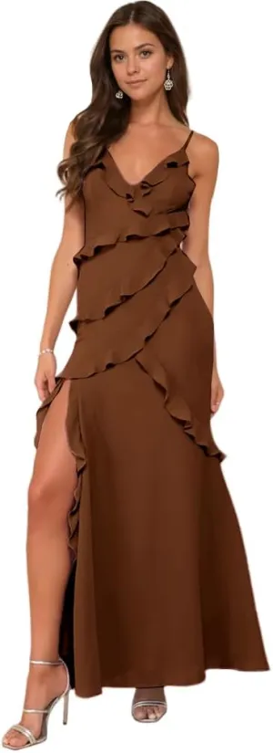 Ruffle Prom Dress with Slit V Neck Tea Party Dresses for Women Elegant Classy Spaghetti Strap Evening Gown