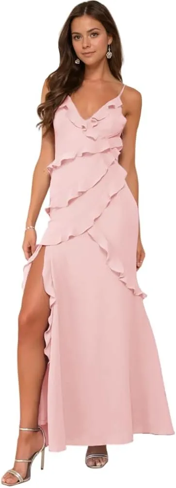 Ruffle Prom Dress with Slit V Neck Tea Party Dresses for Women Elegant Classy Spaghetti Strap Evening Gown