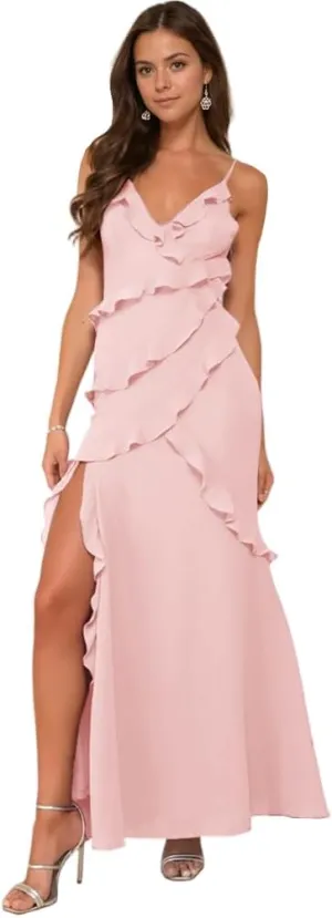Ruffle Prom Dress with Slit V Neck Tea Party Dresses for Women Elegant Classy Spaghetti Strap Evening Gown
