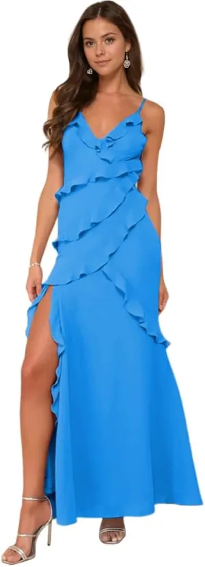 Ruffle Prom Dress with Slit V Neck Tea Party Dresses for Women Elegant Classy Spaghetti Strap Evening Gown