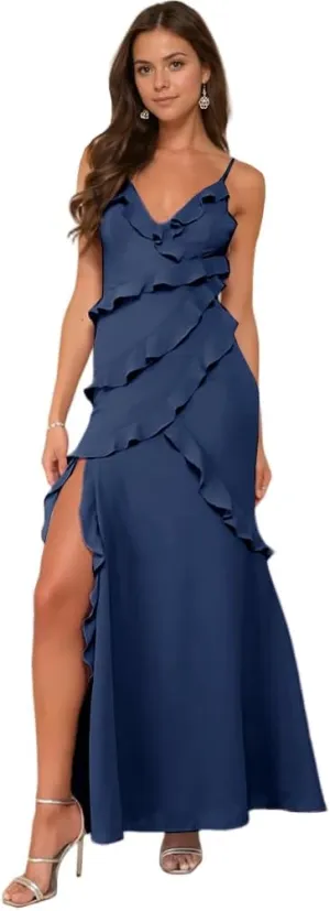 Ruffle Prom Dress with Slit V Neck Tea Party Dresses for Women Elegant Classy Spaghetti Strap Evening Gown