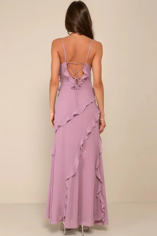 Ruffle Prom Dress with Slit V Neck Tea Party Dresses for Women Elegant Classy Spaghetti Strap Evening Gown
