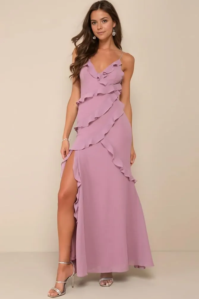 Ruffle Prom Dress with Slit V Neck Tea Party Dresses for Women Elegant Classy Spaghetti Strap Evening Gown