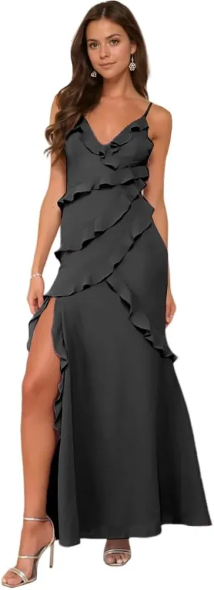 Ruffle Prom Dress with Slit V Neck Tea Party Dresses for Women Elegant Classy Spaghetti Strap Evening Gown