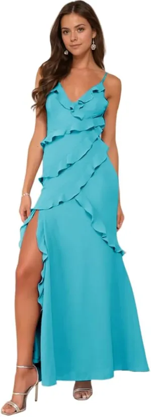 Ruffle Prom Dress with Slit V Neck Tea Party Dresses for Women Elegant Classy Spaghetti Strap Evening Gown