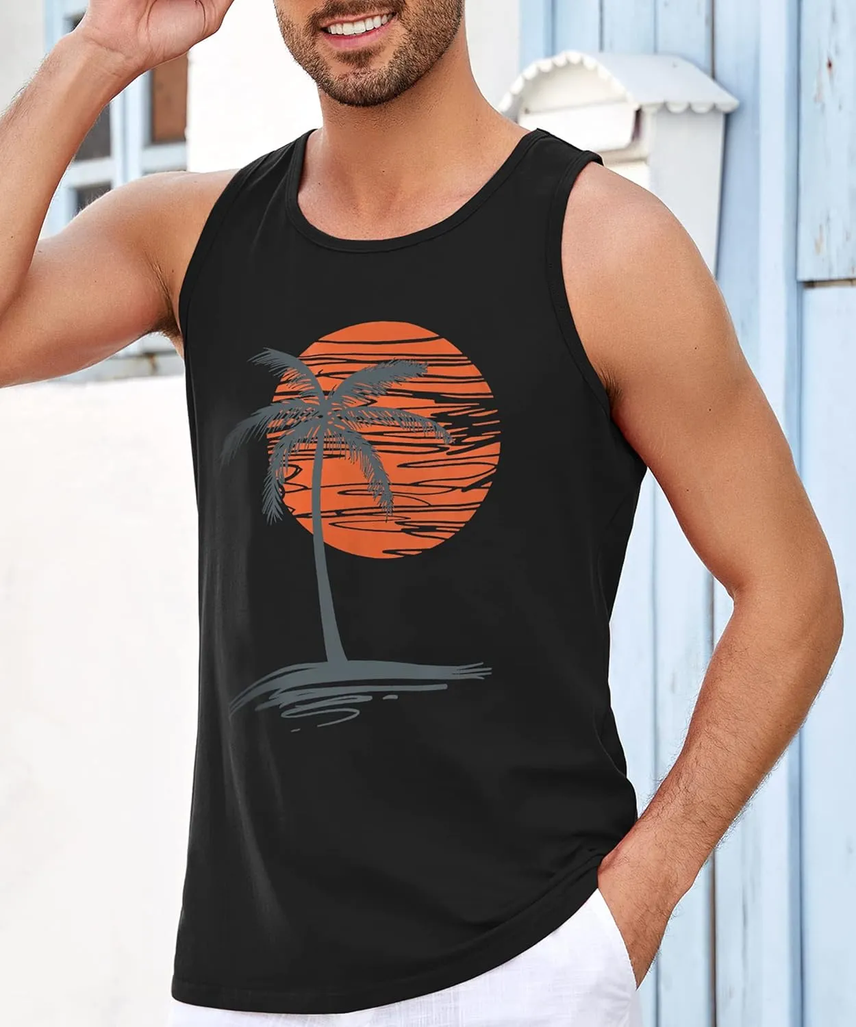 Runcati Mens Workout Tank Tops Gym Sleeveless Shirts Palm Tree Vintage Style T-Shirt