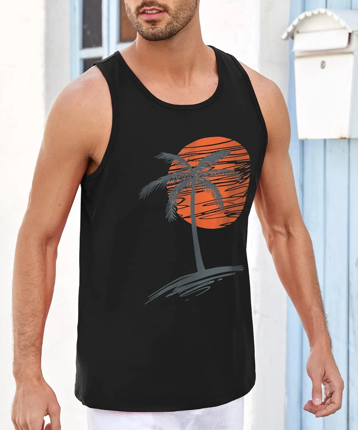 Runcati Mens Workout Tank Tops Gym Sleeveless Shirts Palm Tree Vintage Style T-Shirt