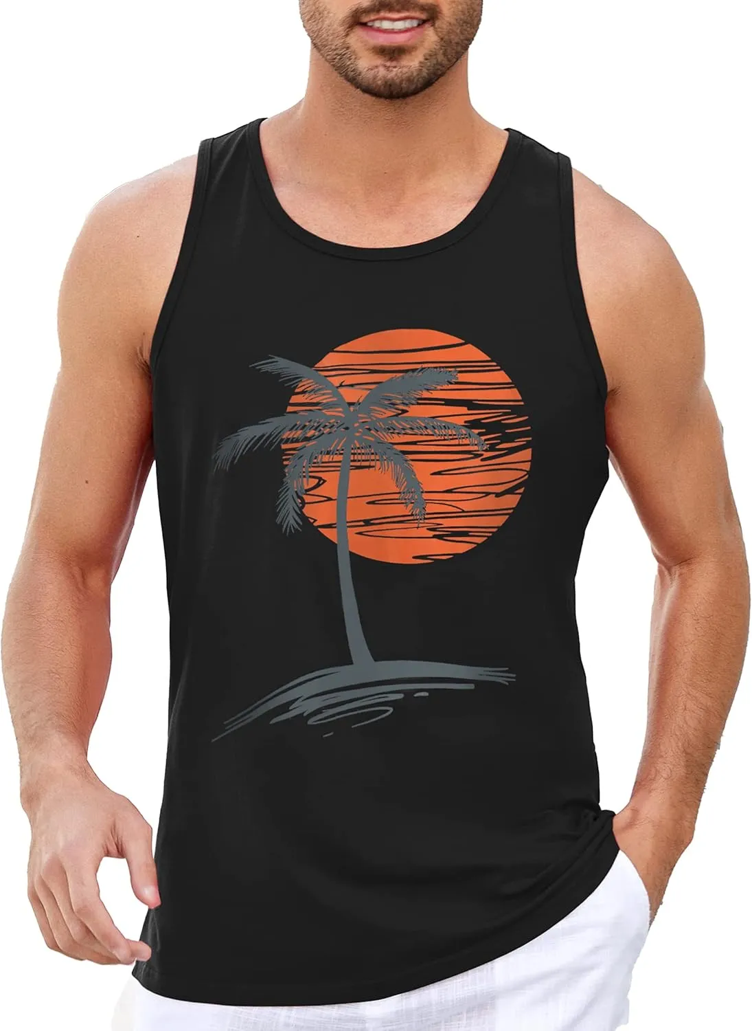 Runcati Mens Workout Tank Tops Gym Sleeveless Shirts Palm Tree Vintage Style T-Shirt
