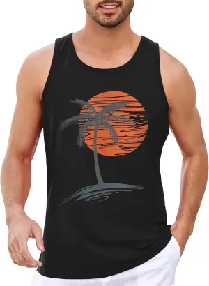 Runcati Mens Workout Tank Tops Gym Sleeveless Shirts Palm Tree Vintage Style T-Shirt