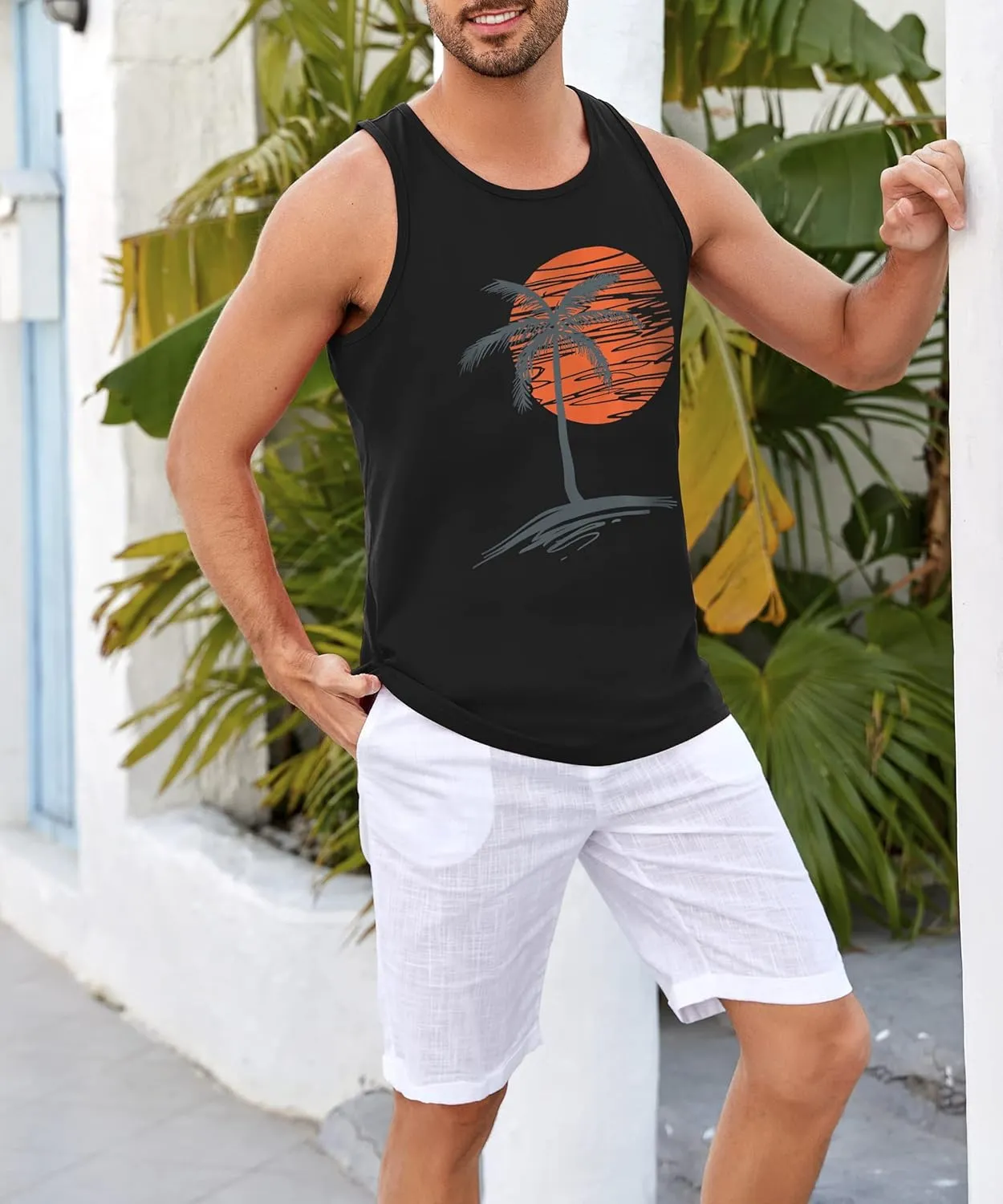 Runcati Mens Workout Tank Tops Gym Sleeveless Shirts Palm Tree Vintage Style T-Shirt