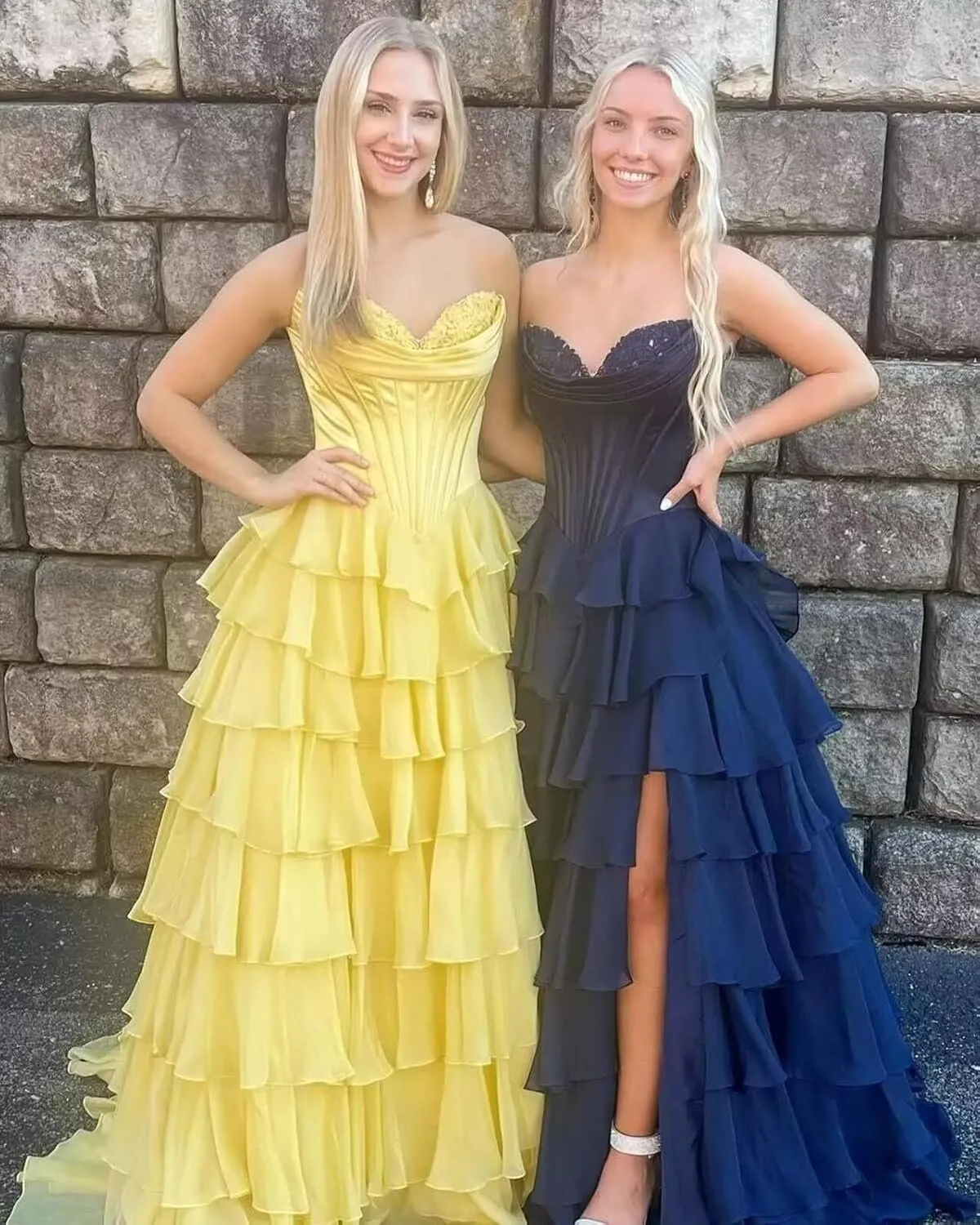 Satin Floral Prom Dresses for Women Strapless Long Tiered Ruffle Chiffon Formal Evening Party Ball Gown with Slit