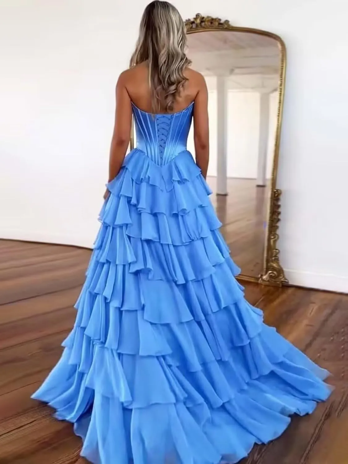 Satin Floral Prom Dresses for Women Strapless Long Tiered Ruffle Chiffon Formal Evening Party Ball Gown with Slit