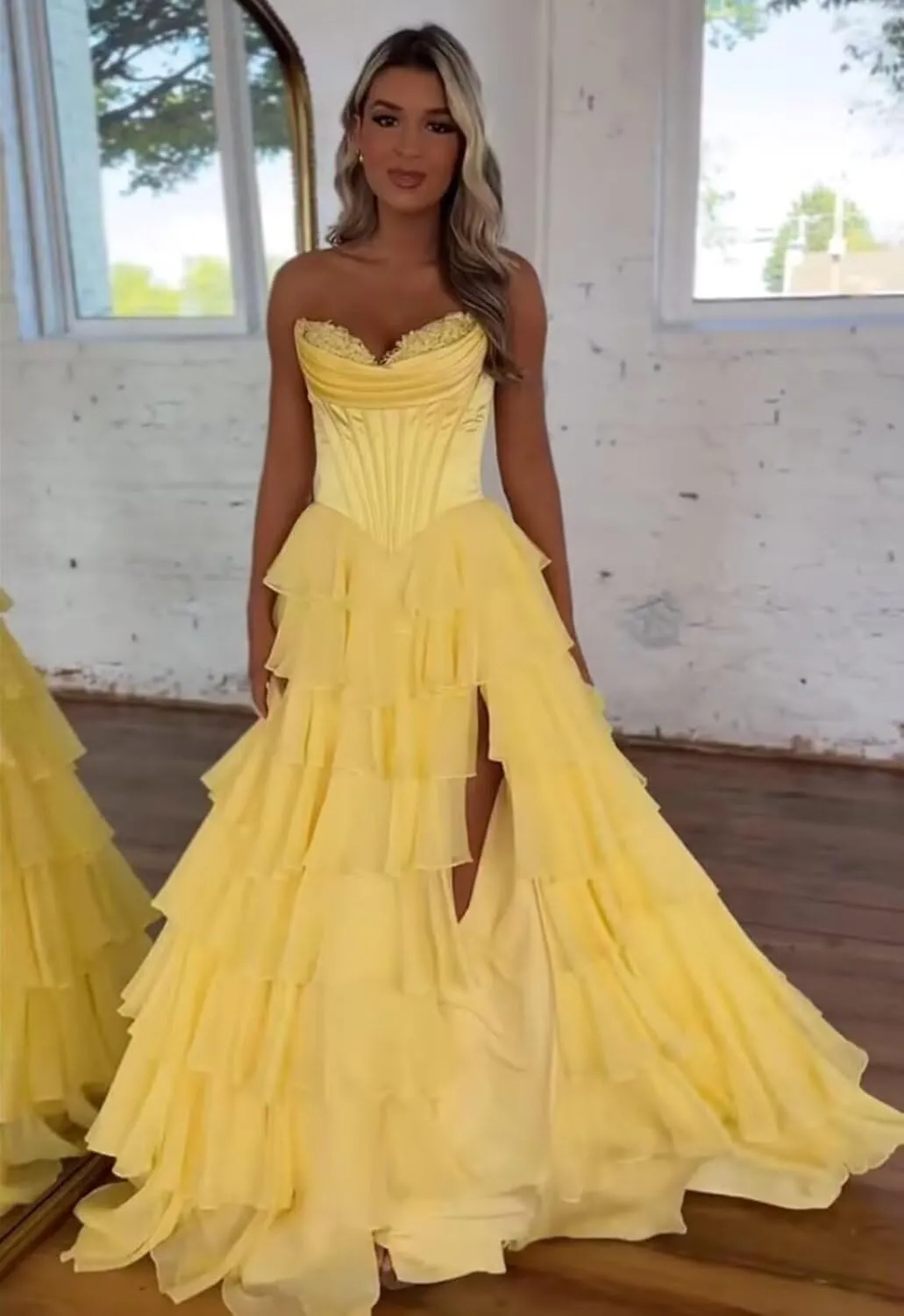 Satin Floral Prom Dresses for Women Strapless Long Tiered Ruffle Chiffon Formal Evening Party Ball Gown with Slit