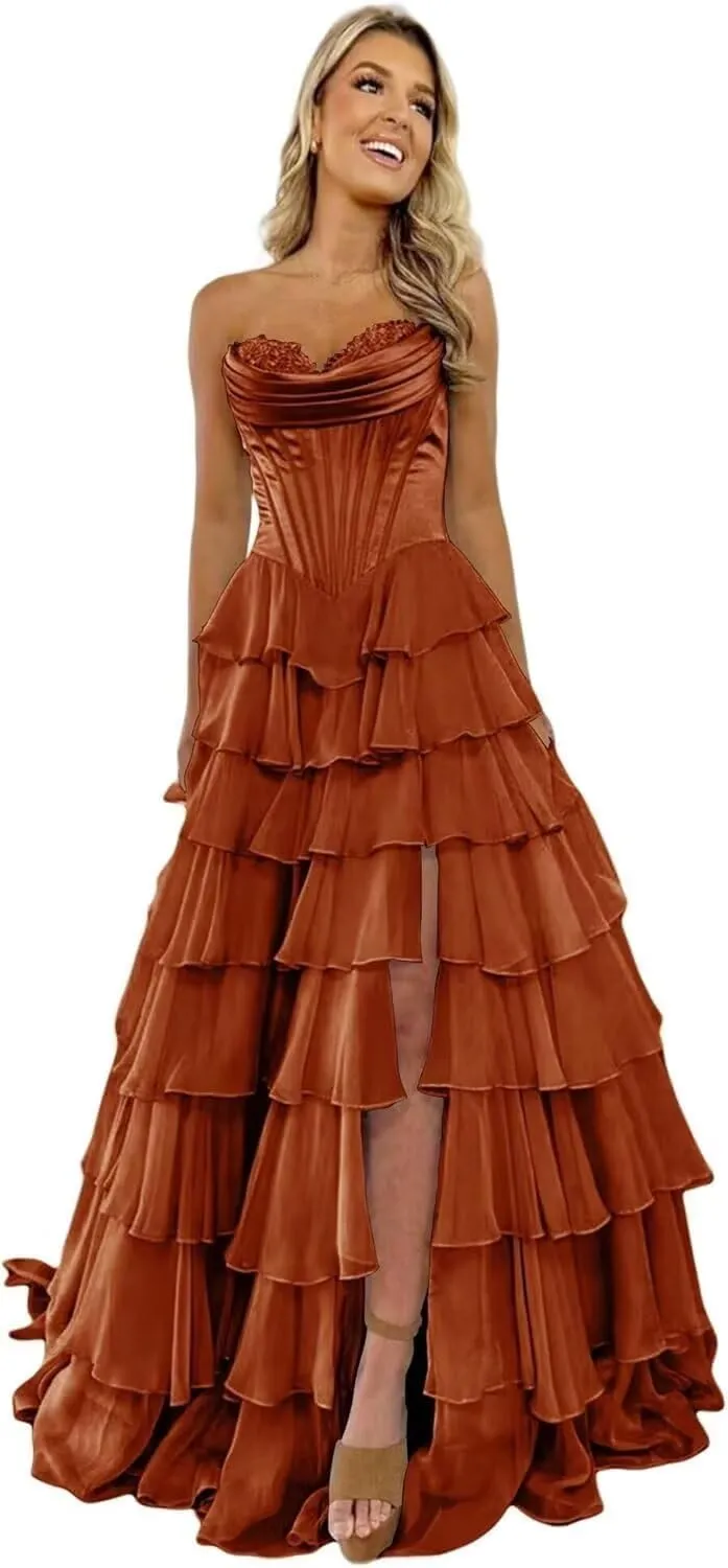 Satin Floral Prom Dresses for Women Strapless Long Tiered Ruffle Chiffon Formal Evening Party Ball Gown with Slit