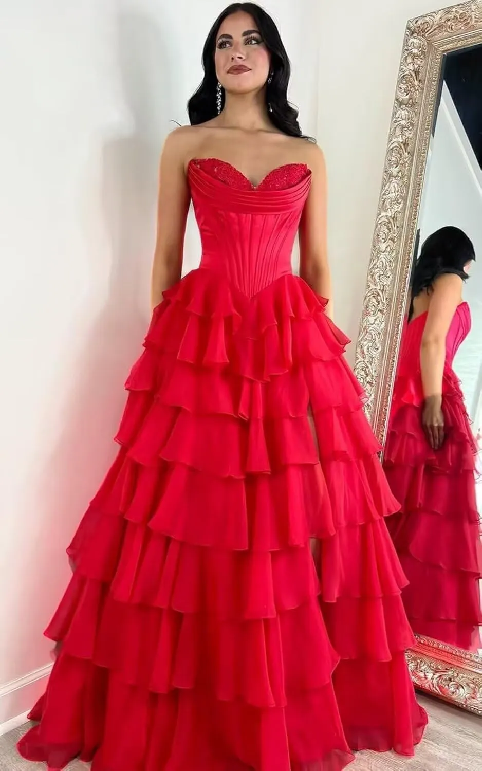 Satin Floral Prom Dresses for Women Strapless Long Tiered Ruffle Chiffon Formal Evening Party Ball Gown with Slit