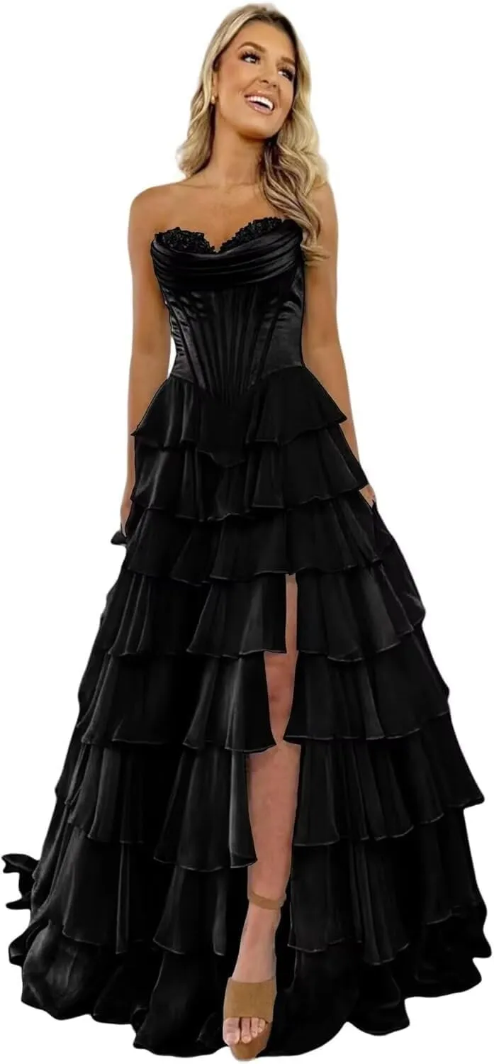 Satin Floral Prom Dresses for Women Strapless Long Tiered Ruffle Chiffon Formal Evening Party Ball Gown with Slit