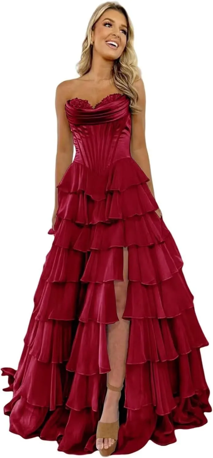 Satin Floral Prom Dresses for Women Strapless Long Tiered Ruffle Chiffon Formal Evening Party Ball Gown with Slit