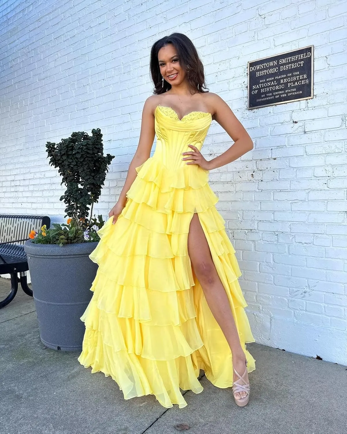 Satin Floral Prom Dresses for Women Strapless Long Tiered Ruffle Chiffon Formal Evening Party Ball Gown with Slit
