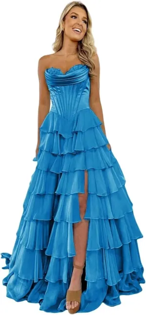 Satin Floral Prom Dresses for Women Strapless Long Tiered Ruffle Chiffon Formal Evening Party Ball Gown with Slit