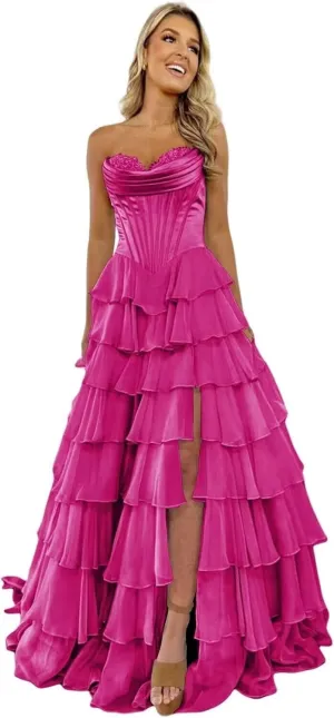 Satin Floral Prom Dresses for Women Strapless Long Tiered Ruffle Chiffon Formal Evening Party Ball Gown with Slit