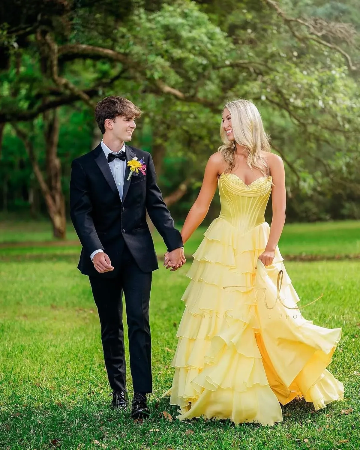 Satin Floral Prom Dresses for Women Strapless Long Tiered Ruffle Chiffon Formal Evening Party Ball Gown with Slit