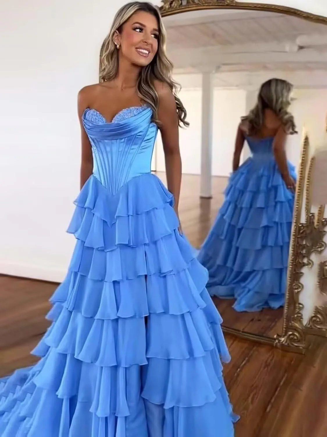 Satin Floral Prom Dresses for Women Strapless Long Tiered Ruffle Chiffon Formal Evening Party Ball Gown with Slit