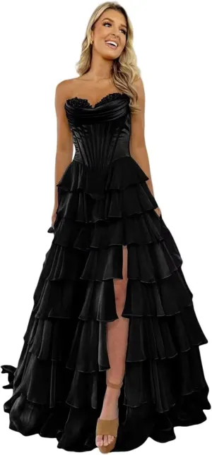 Satin Floral Prom Dresses for Women Strapless Long Tiered Ruffle Chiffon Formal Evening Party Ball Gown with Slit