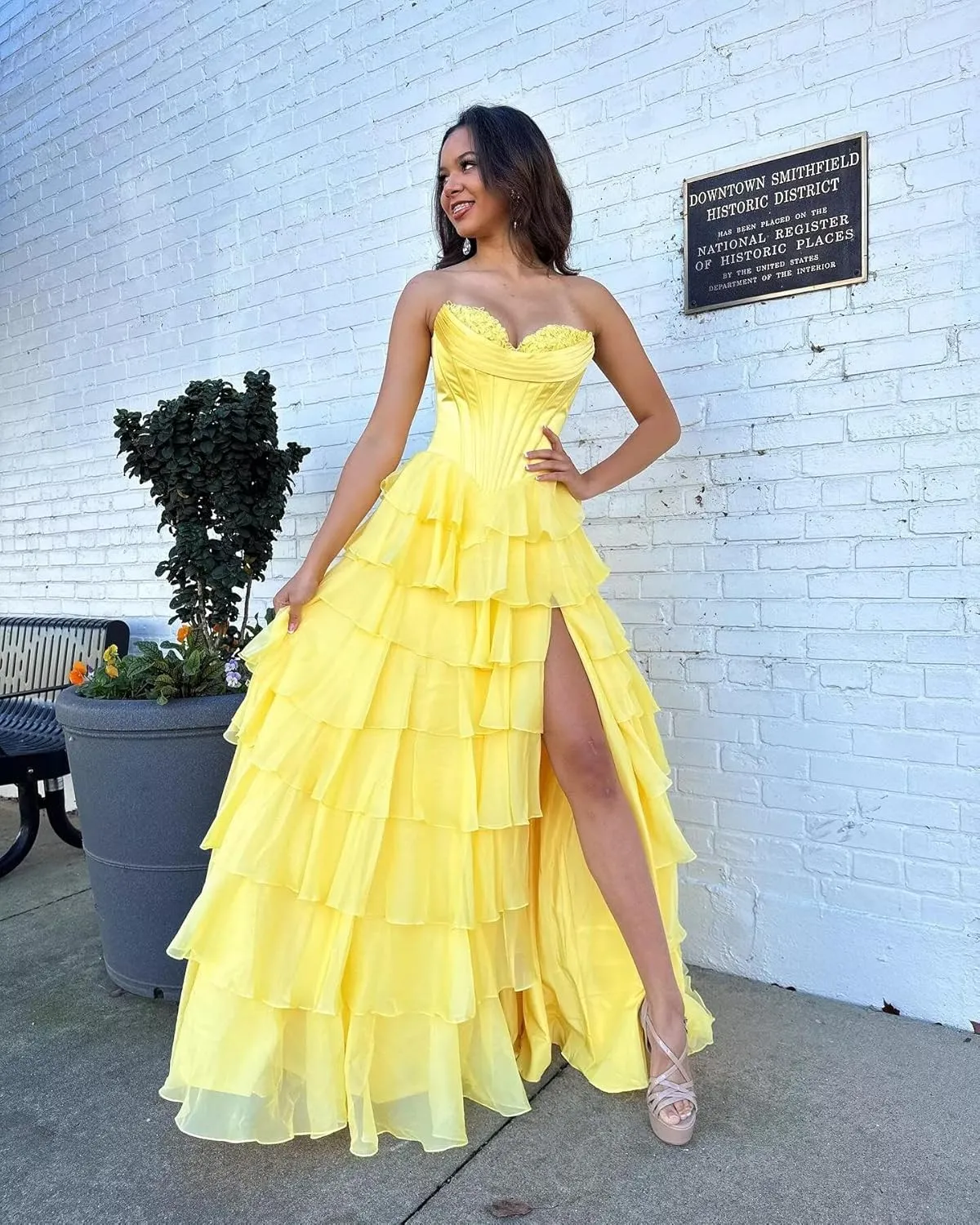 Satin Floral Prom Dresses for Women Strapless Long Tiered Ruffle Chiffon Formal Evening Party Ball Gown with Slit