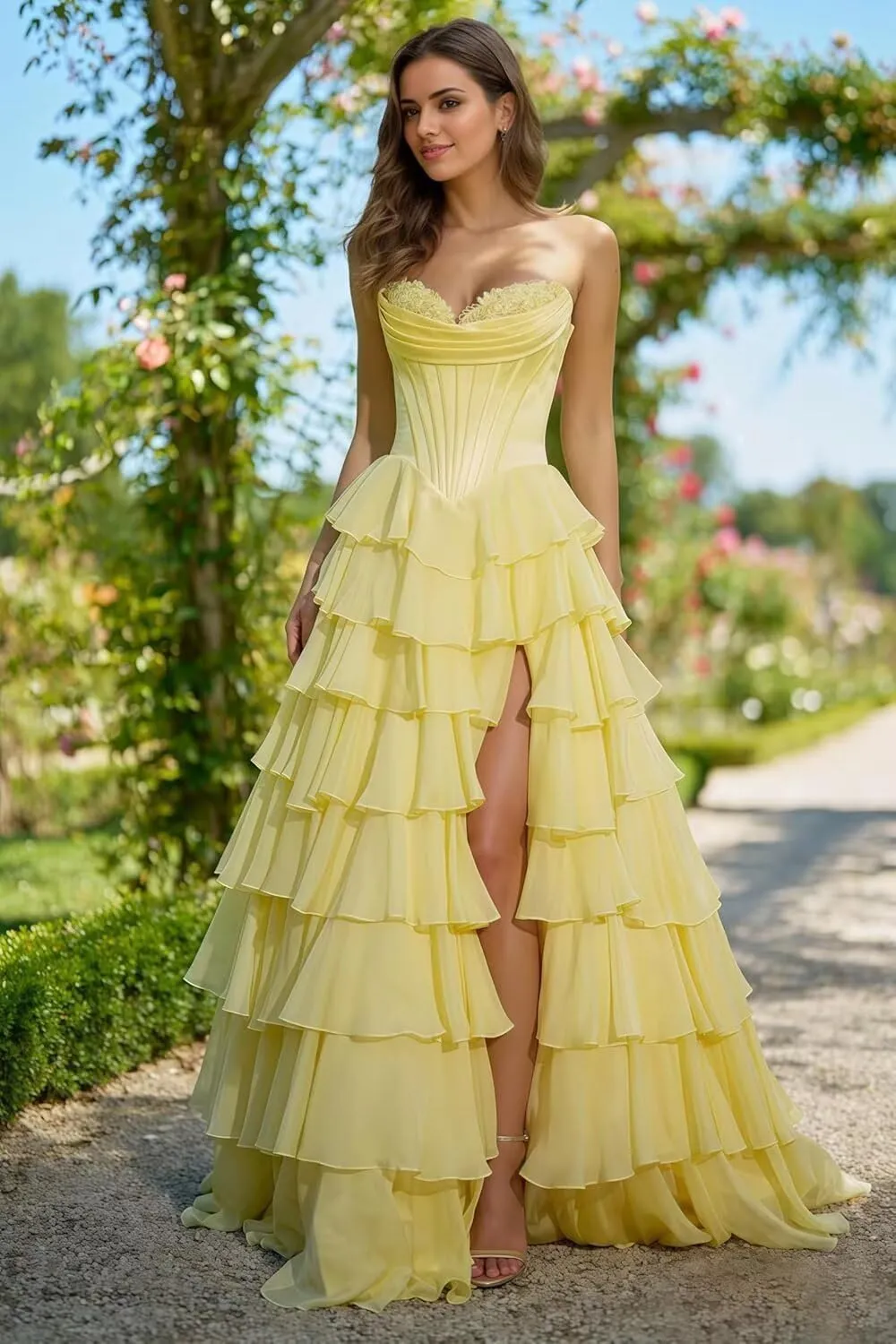 Satin Floral Prom Dresses for Women Strapless Long Tiered Ruffle Chiffon Formal Evening Party Ball Gown with Slit