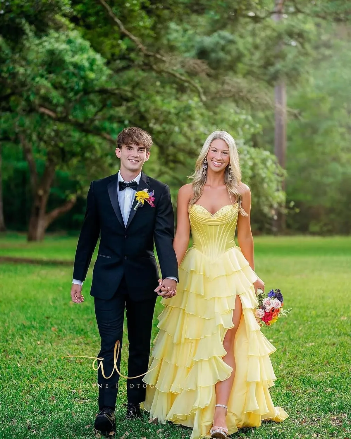 Satin Floral Prom Dresses for Women Strapless Long Tiered Ruffle Chiffon Formal Evening Party Ball Gown with Slit