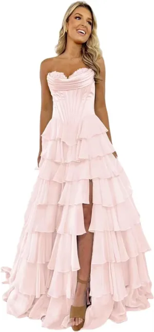 Satin Floral Prom Dresses for Women Strapless Long Tiered Ruffle Chiffon Formal Evening Party Ball Gown with Slit