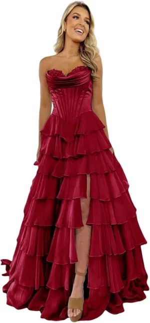 Satin Floral Prom Dresses for Women Strapless Long Tiered Ruffle Chiffon Formal Evening Party Ball Gown with Slit