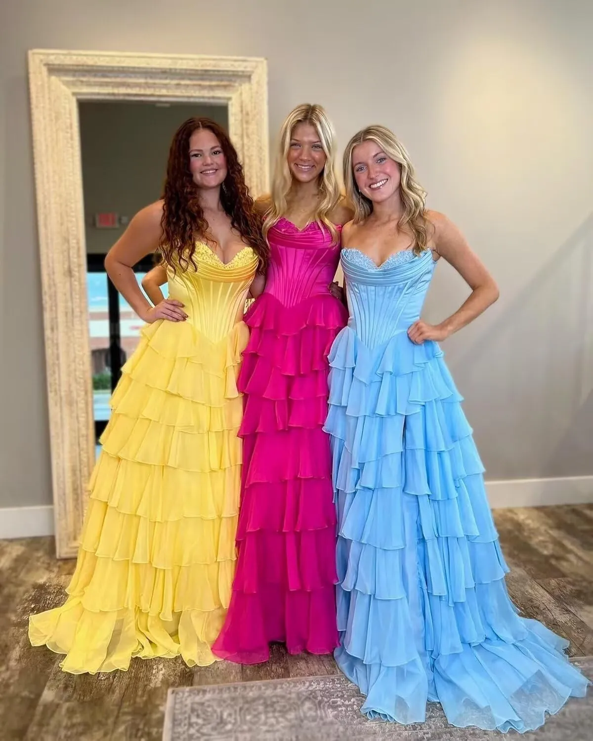 Satin Floral Prom Dresses for Women Strapless Long Tiered Ruffle Chiffon Formal Evening Party Ball Gown with Slit