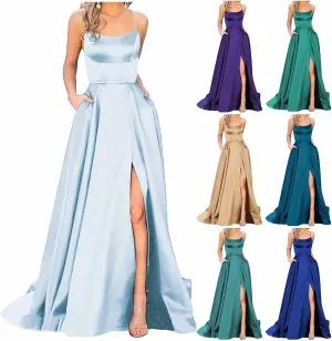Satin Prom Dresses for Women 2025 Elegant Spaghetti Straps Formal Evening Dress Blackless Maxi Gown with Slit