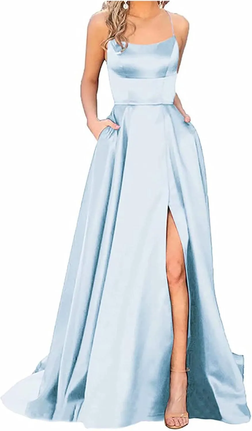 Satin Prom Dresses for Women 2025 Elegant Spaghetti Straps Formal Evening Dress Blackless Maxi Gown with Slit